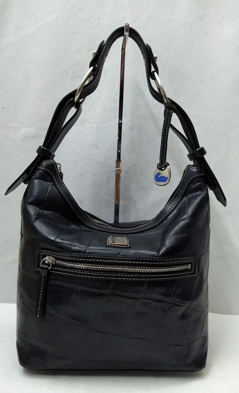 Dooney & Bourke Black Leather Crocodile Embossed Zipper Pocket Hobo Shoulder Bag